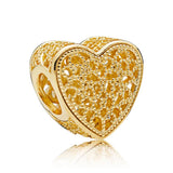 Cz Domed Golden Heart & Family Tree Charm Sterling Silver Beads