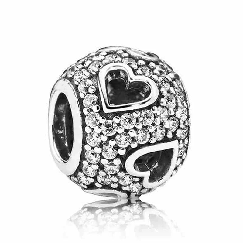 Openwork Tumbling Hearts With CZ & Night Sky Beads Charms Fit Europe Bracelet