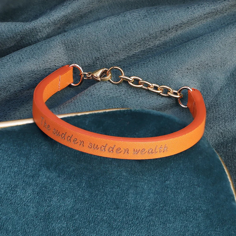 Orange Personalized Adjustable Leather Bracelet Cuff - English Engraved Gift
