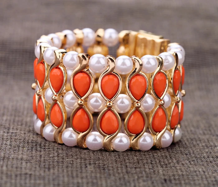 Orange Resin Bead Magnet Bangle Pearl Chains Charm Bracelet