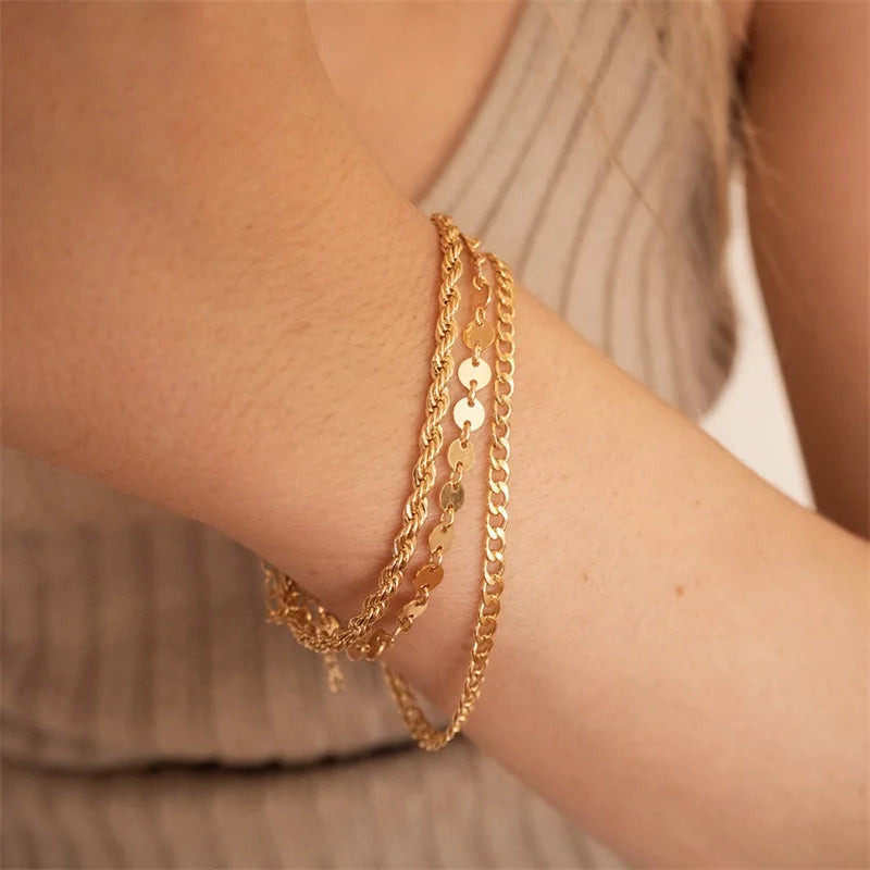3Pcs 14K Plated Steel Rope Disc Chain Bracelet Men Personalized Jewelry Gift