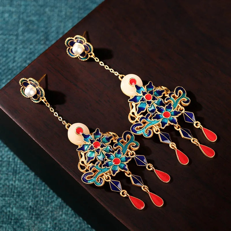 Oriental Chinese Style Earrings Flower Tassel Wedding Vintage Gift