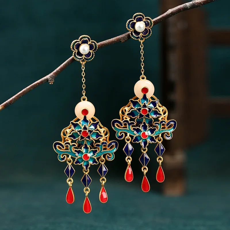 Oriental Chinese Style Earrings Flower Tassel Wedding Vintage Gift