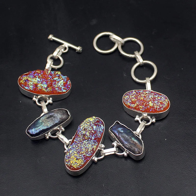 Natural Titanium Biwa Pearl Silver Charms Bracelet 7 inch
