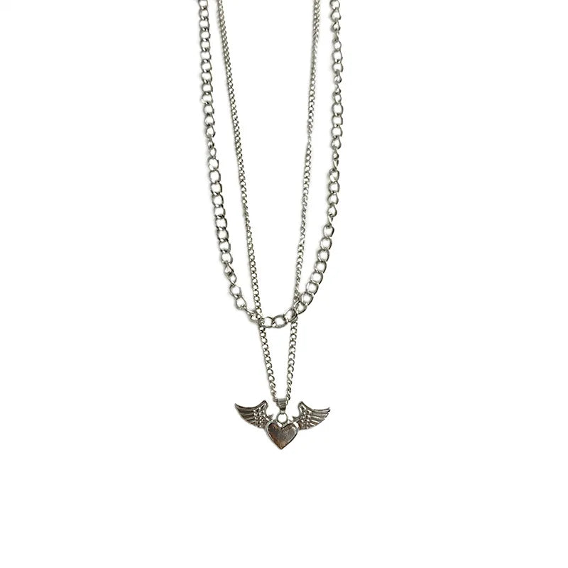 Summer Hip Hop Angel Wing Pendant Necklaces for Women Girl Punk Silver