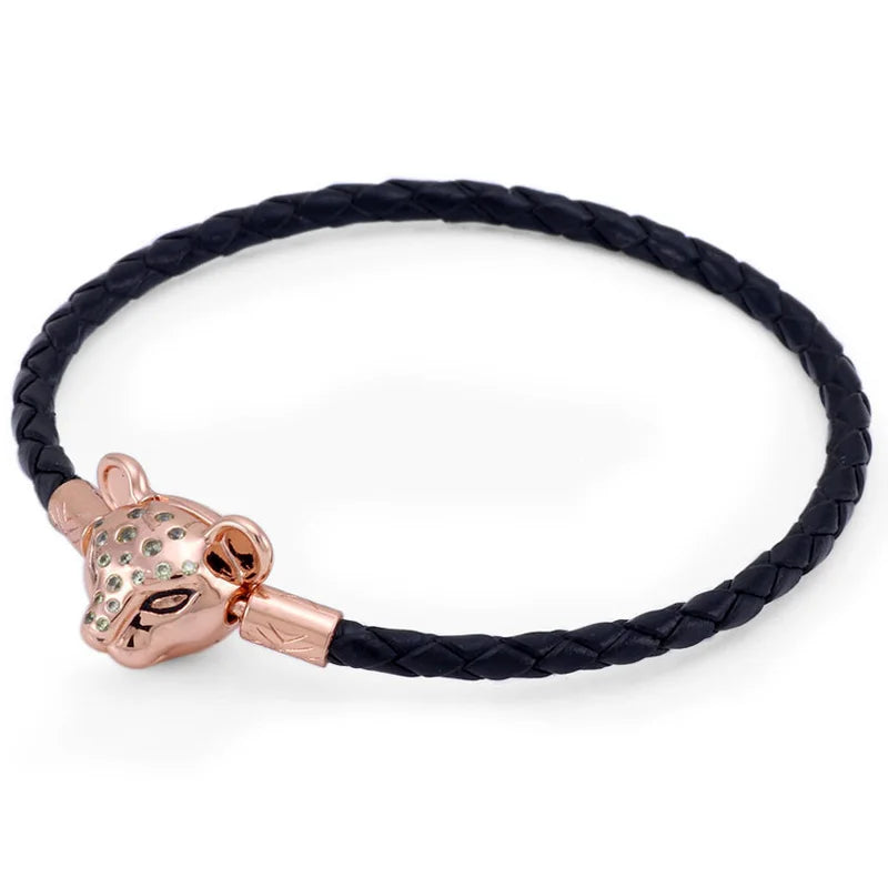 Leather Bracelet with Lioness Clasp, Fits 925 Sterling Silver Bangle
