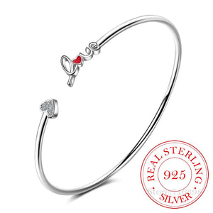 925 Silver Love Letter Red Heart Cuff Bracelet Bangle