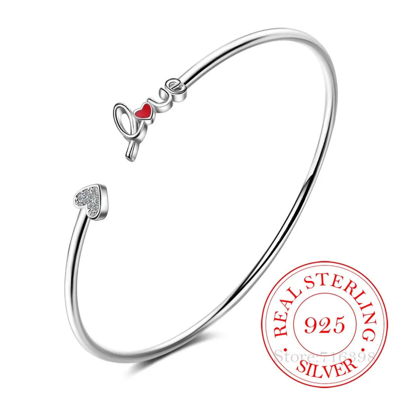 925 Silver Love Letter Red Heart Cuff Bracelet Bangle