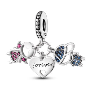 925 Silver CZ Boy & Girl Heart Dangle Charm for Bracelet Necklace