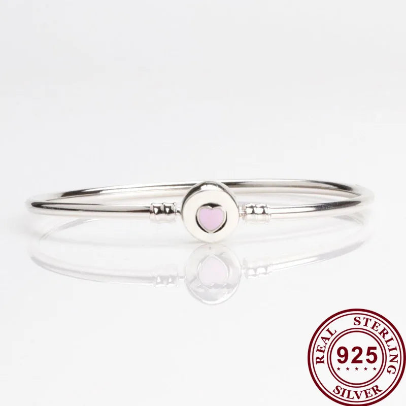 925 Silver Pan Bracelet Pink Heart Charm European Style Women Jewelry