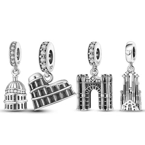 925 Silver Vintage Colosseum Arc Triomphe Dangle Charm Bracelet Necklace Bead
