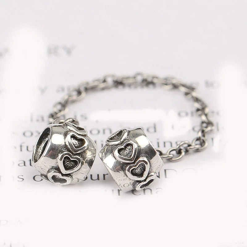 925 Silver Love Heart Safety Chain Bead Charm Fit Bracelet Bangle