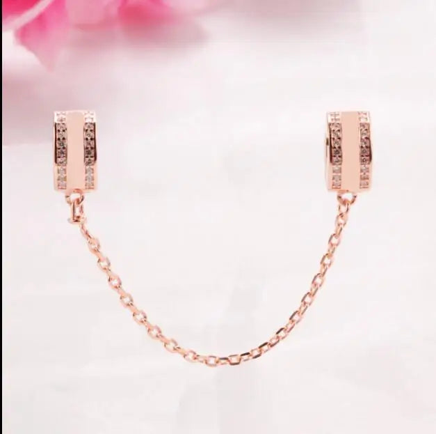 925 Sterling Silver Rose Insignia Charm Bead Crystal Safety Chain Clip