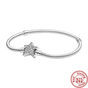 925 Sterling Silver Bracelet Love Heart Pave Butterfly Clasp Snake Chain Rose