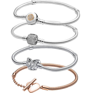 925 Sterling Silver Bracelet Love Heart Pave Butterfly Clasp Snake Chain Rose