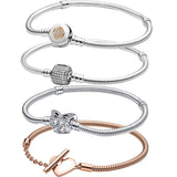 925 Sterling Silver Bracelet Love Heart Pave Butterfly Clasp Snake Chain Rose