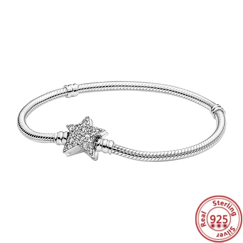 925 Sterling Silver Bracelet Love Heart Pave Butterfly Clasp Snake Chain Rose