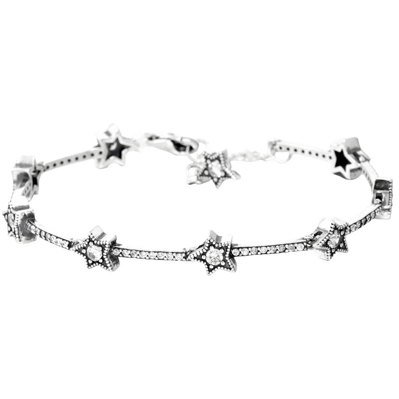 925 Silver Celestial Stars Daisy Chain Bracelet with Stones Pave Bar