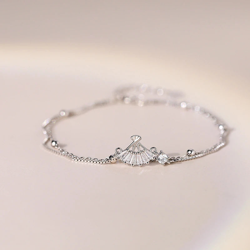 925 Silver Small Fan Charm Bracelet with Zircon Inlay