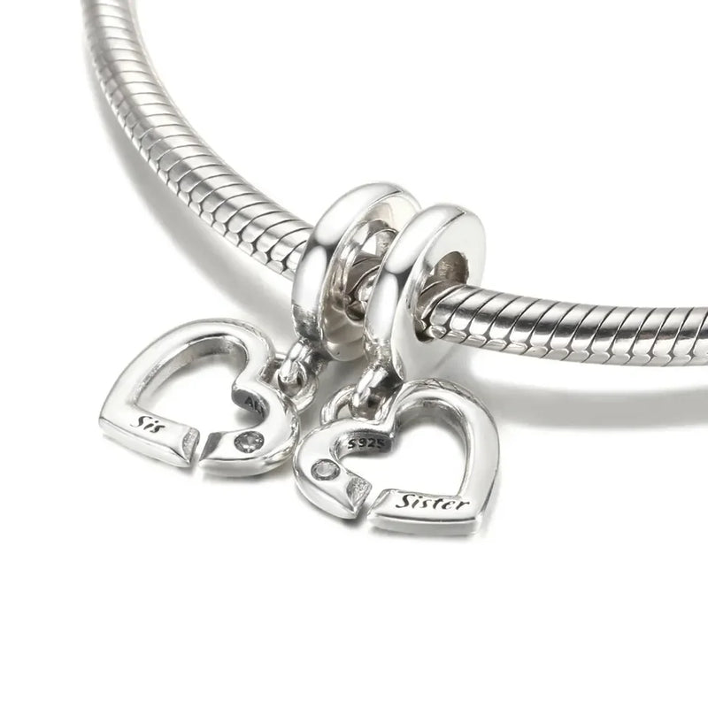 925 Silver Sister Hearts Charm Beads for Bracelets