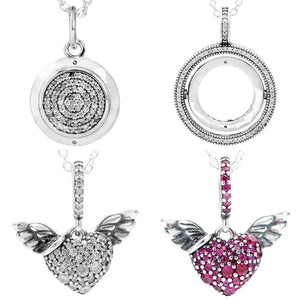 925 Silver Spinning Heart & Angel Wings Pendant Necklace