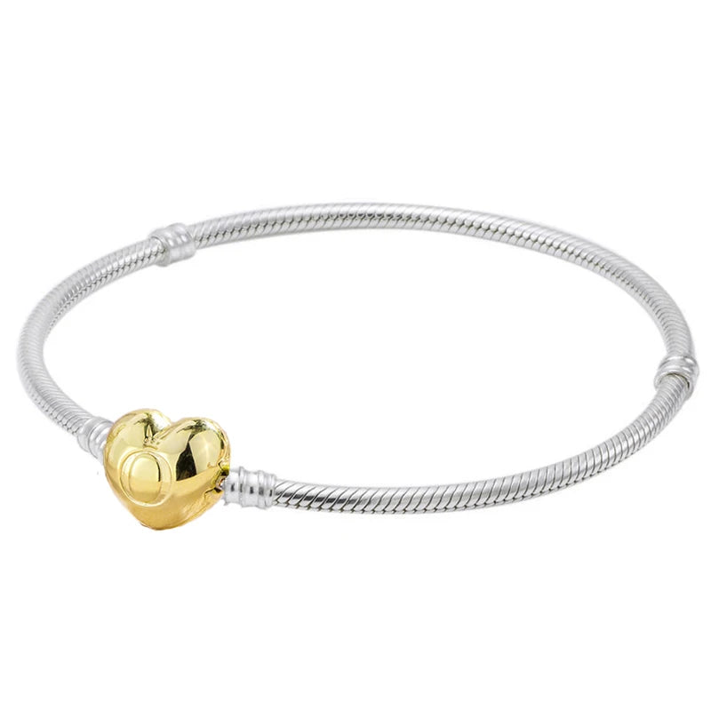 925 Silver Pave Heart Logo Clasp Snake Chain Bracelet DIY Jewelry