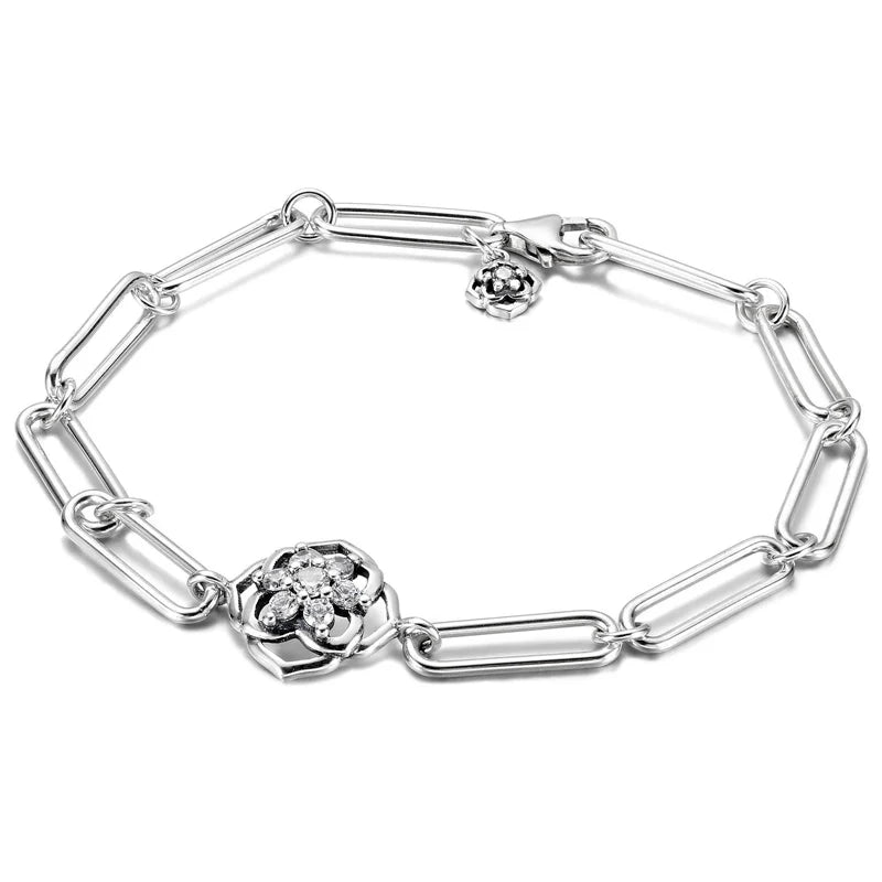 925 Silver Pink Heart Tennis Flower Petal Bracelet Charm Jewelry