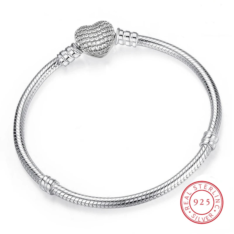 925 Sterling Silver Snake Chain Bracelet with Heart Clasp for Women