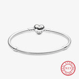 925 Sterling Silver Snake Chain Bracelet with Heart Clasp for Women