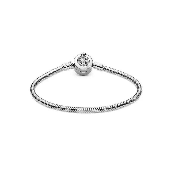 925 Sterling Silver Snake Chain Bracelet with Crown for Charms Clips Beads