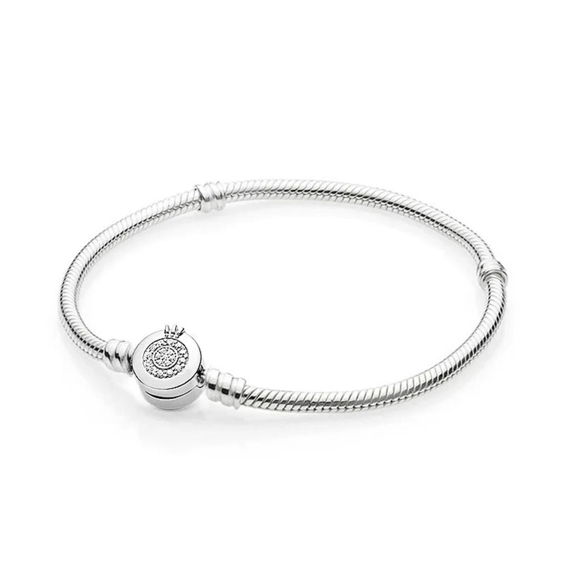 925 Silver Snake Chain Bracelet Crown Charm Beads Jewelry