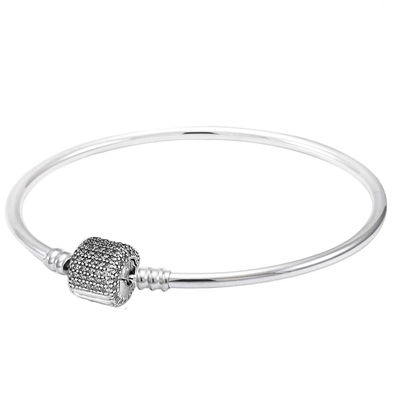 925 Silver Sparkling Barrel Asym Star Clasp Snake Chain Bangle