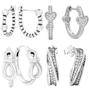 925 Sterling Silver Beaded Hearts Infinity Knot Bow Hoop Earring