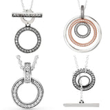 925 Silver Double Circles Hoop T-bar Necklace Heart Charm Jewelry