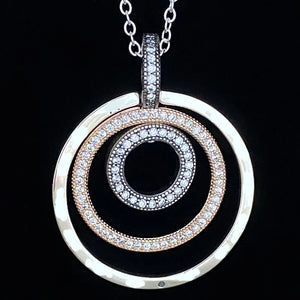 925 Silver Two-tone Circles Pendant Necklace with Crystal Charm