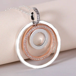 925 Silver Two-tone Circles Pendant Necklace with Crystal Charm