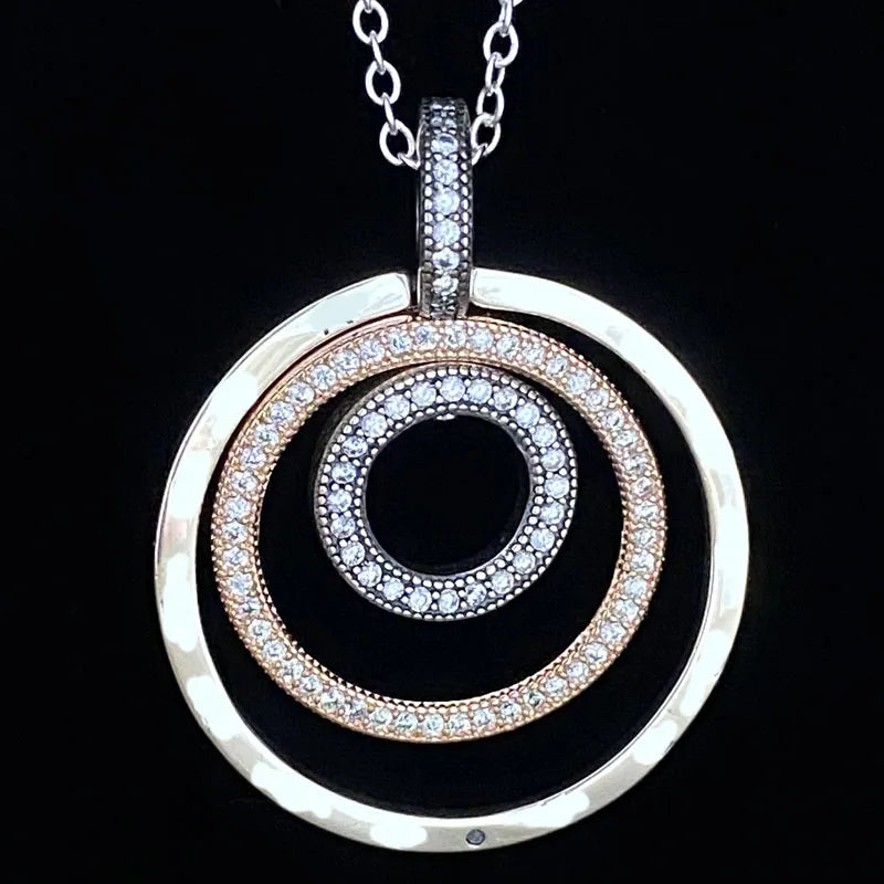 925 Silver Two-tone Circles Pendant Necklace with Crystal Charm