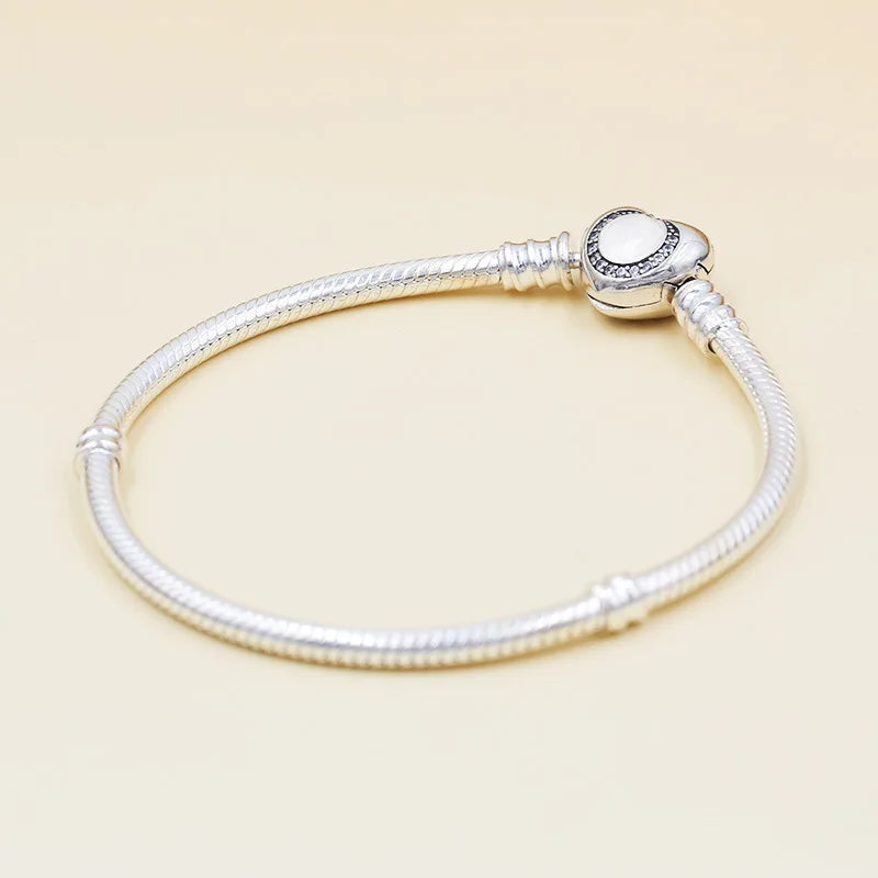 925 Sterling Silver Heart Bracelet Crystal Snake Chain Bangle