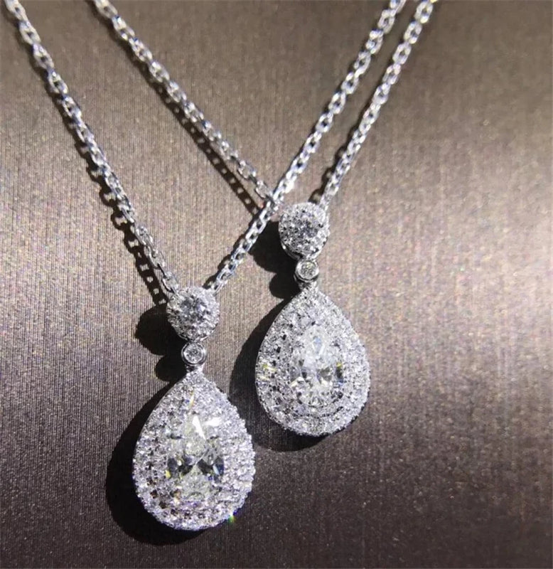 925 Silver Female Pendant Necklace with Pear Cut Diamond for Engagement Wedding