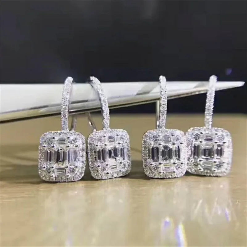 925 Silver T Shape Dangle Earrings with Diamonds - Wedding Bridal Jewelry