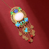 Vintage Hetian Jade Enamel Tassel Necklace Silver Jewelry