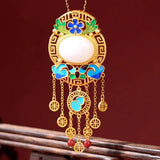 Vintage Hetian Jade Enamel Tassel Necklace Silver Jewelry