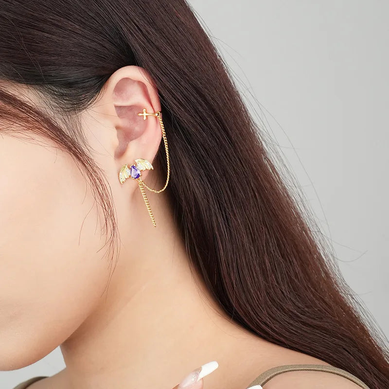 Vintage Zircon 925 Silver Bat Cross Earrings