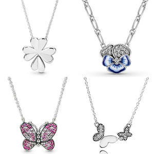 Pansy Flower Pink Butterfly Necklace Lucky Clover 925 Sterling Silver