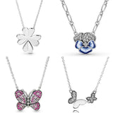 Pansy Flower Pink Butterfly Necklace Lucky Clover 925 Sterling Silver
