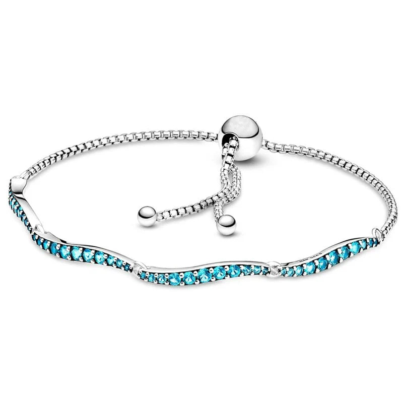 Wavy Slider Sparkling Strand Bracelet Bangle for 925 Sterling Silver Charm