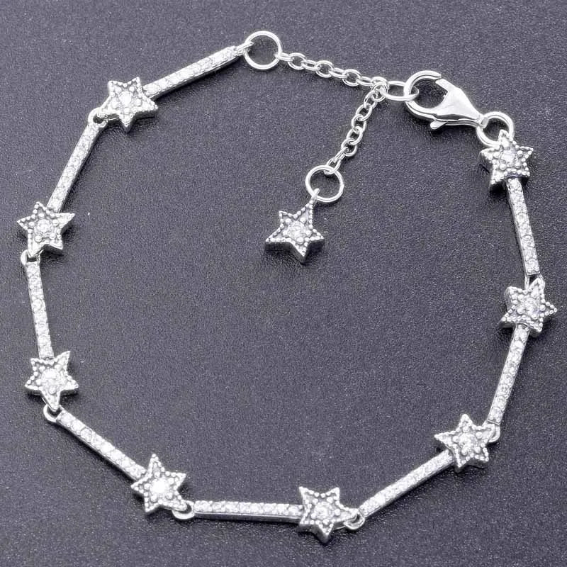 Celestial Stars Crystal Bangle 925 Sterling Silver Charm Bracelet