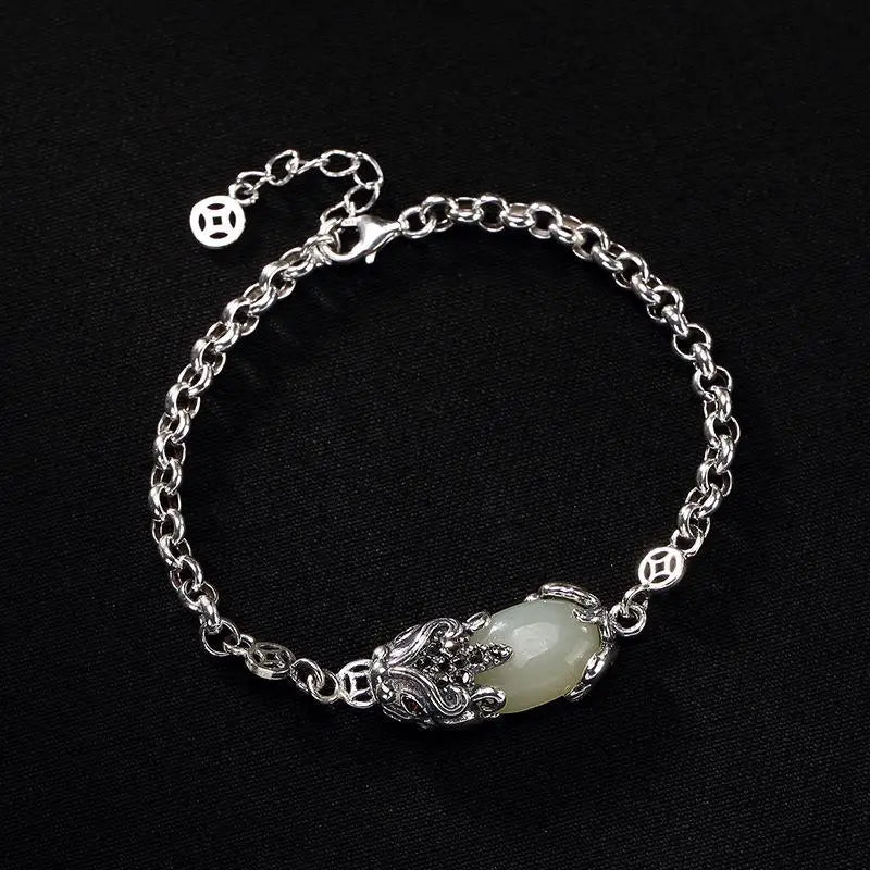 Ancient Pixiu Retro Hetian Jade Craft Charm Women's Silver Jewelry
