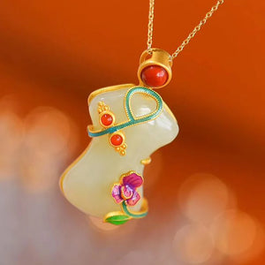 Chinese Hetian Chalcedony Flower Cheongsam Pendant Necklace