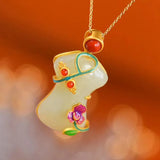 Chinese Hetian Chalcedony Flower Cheongsam Pendant Necklace